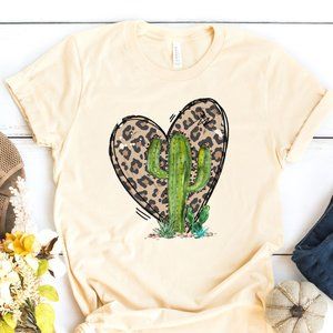 Womens Cactus Leopard Heart Graphic T shirt NEW